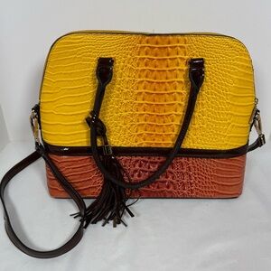 Yellow and Brown Croc-Embossed Women's Bag